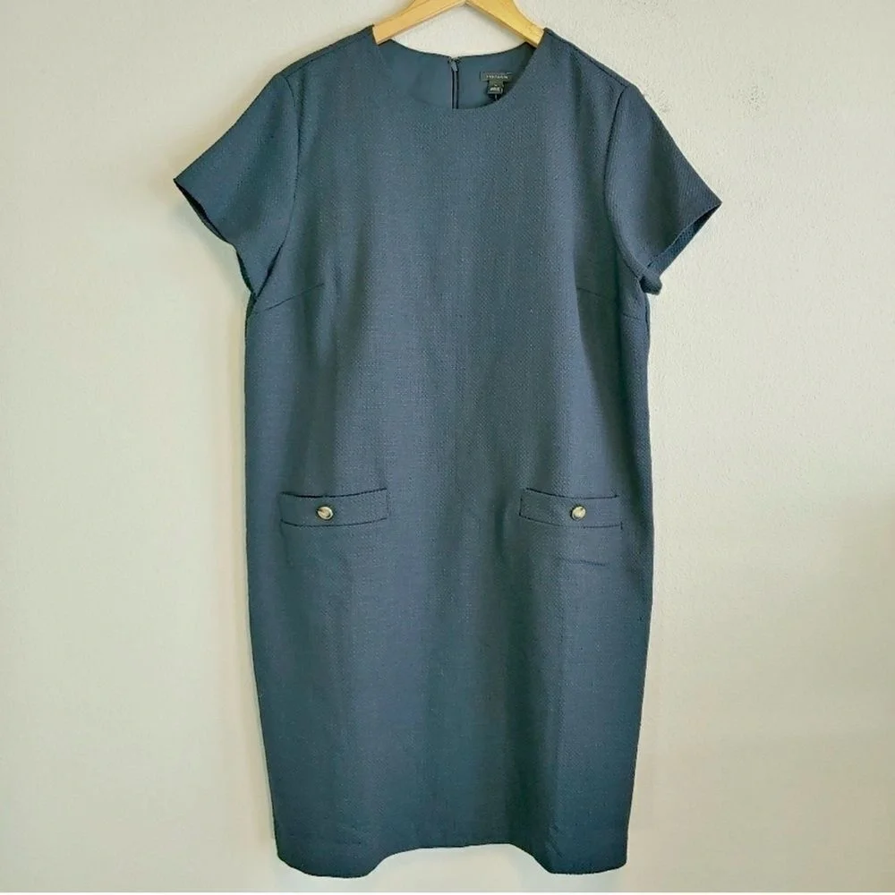 Ann Taylor NWT Short Sleeve Navy Blue Textured Pocket Shift Dress Sz 16 - Picture 3 of 11